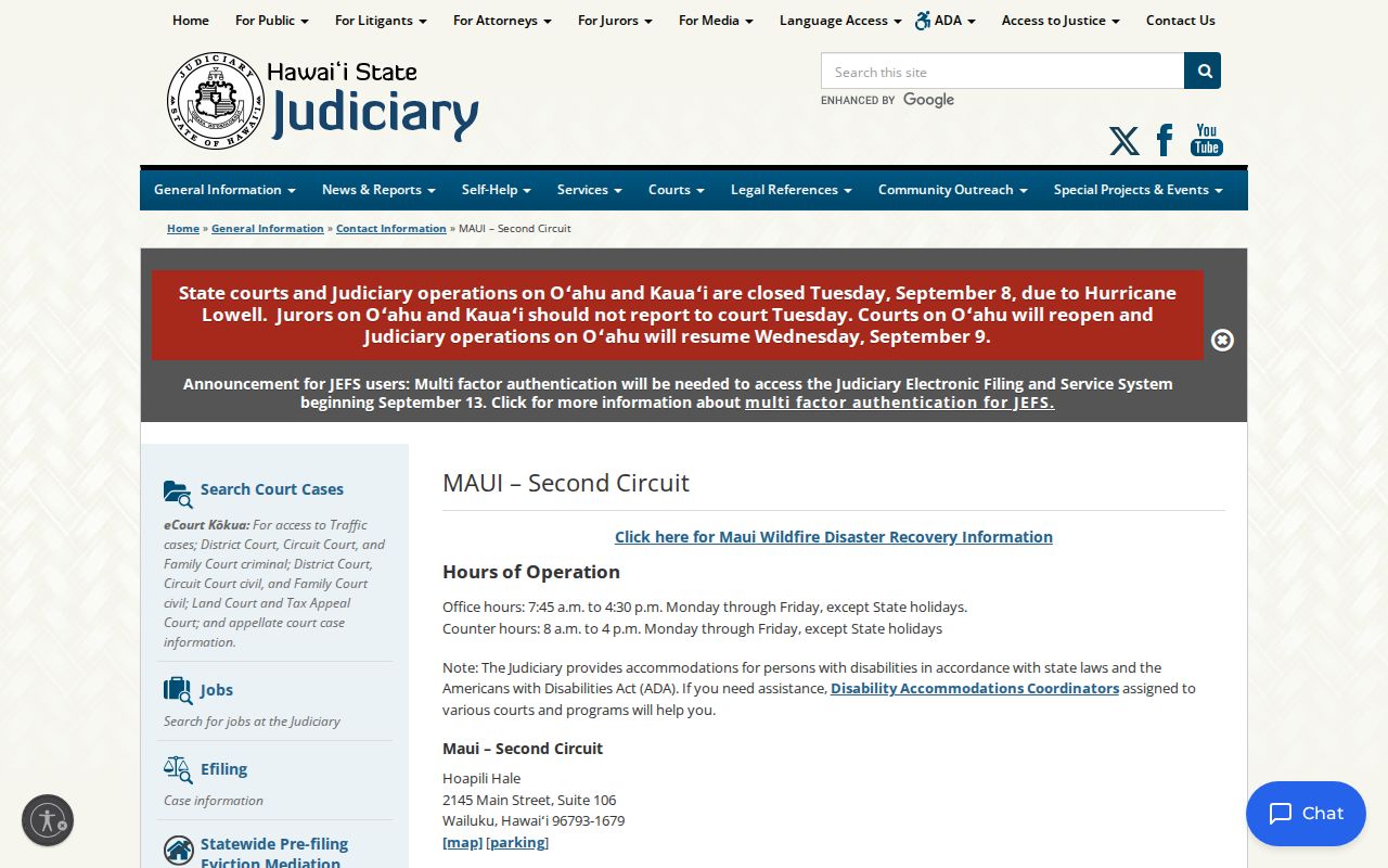 Second Circuit contact page for verifying Kalawao County outstanding warrants through Molokaʻi court channels