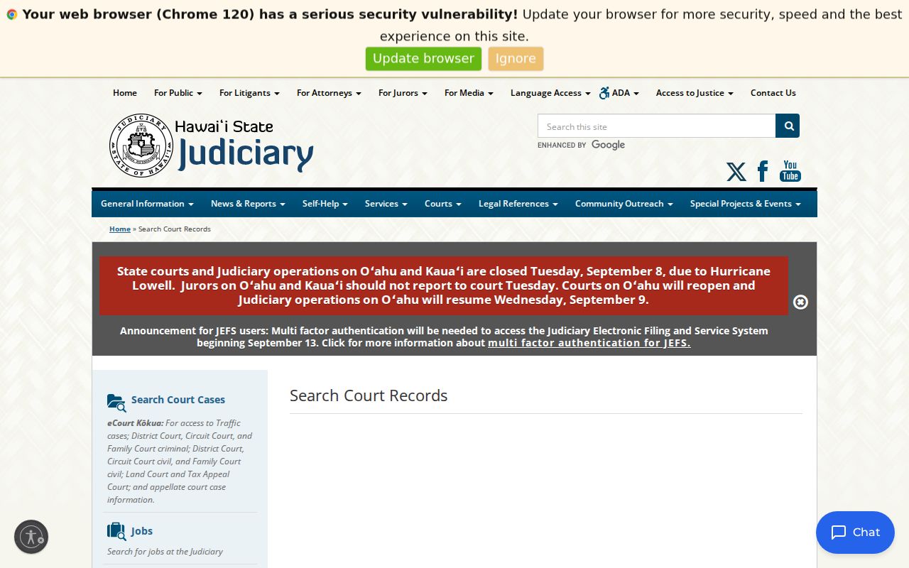 Hawaiʻi Judiciary eCourt Kōkua public records page used for Kalawao County warrant lookup