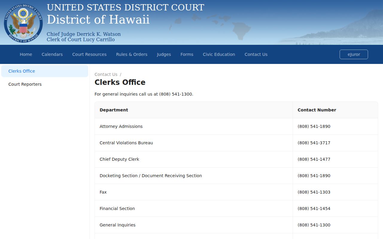U.S. District Court for the District of Hawaiʻi clerk contact information