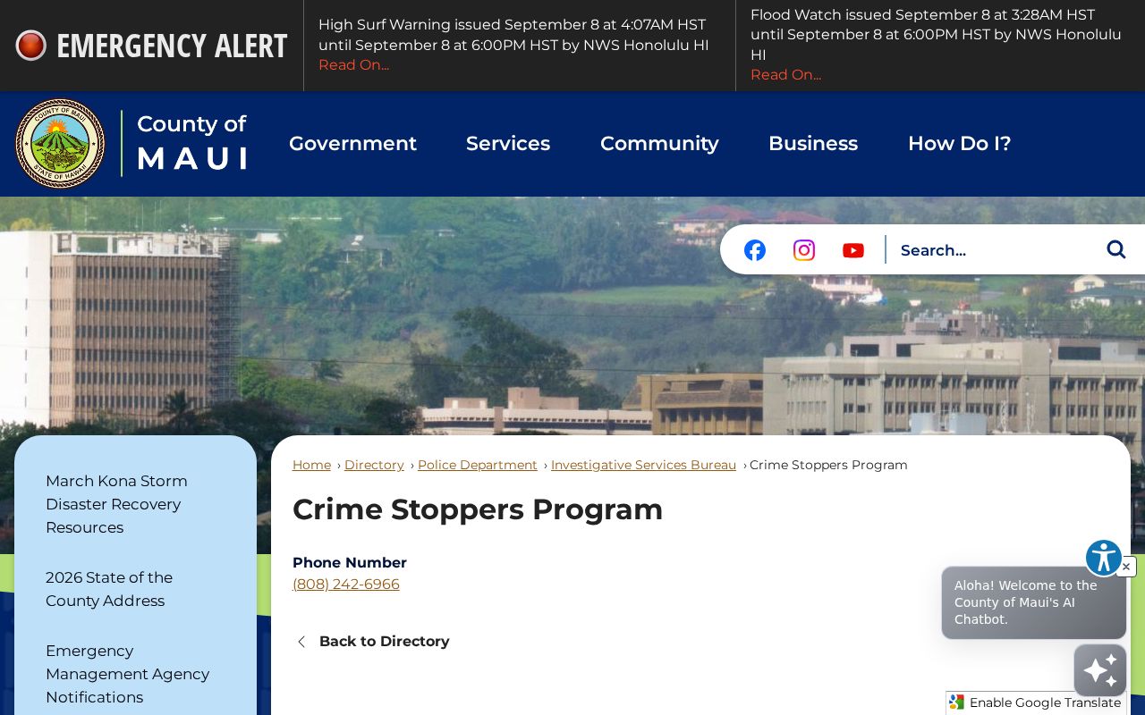 Maui County directory entry for the Crime Stoppers tip channel serving the region